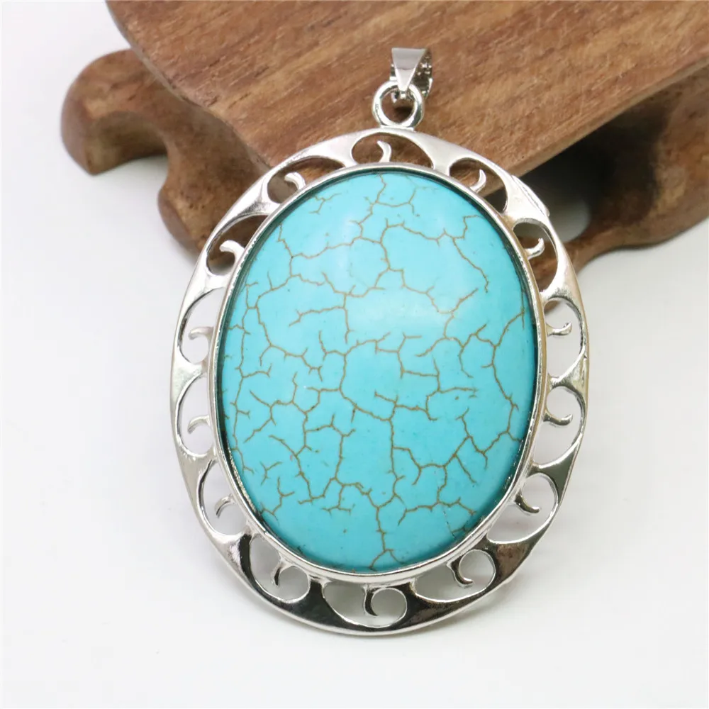 

Oval Blue Turkey Turquoises Pendant 42X50mm Alloy Metal Edging Natural Stone Beads Women Girl Accessories Fashion Jewelry Making