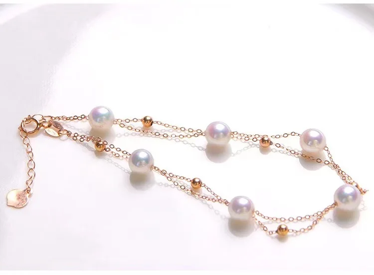 18K Solid Yellow Real Gold Jewelry (AU750) Women Single Grain Pearl Bracelet Chain Natural Sea Pearl Beads  Fashion Lady