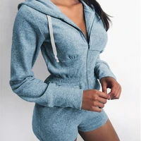 casual solid color jumpsuit autumn summer clothes suit long sleeved zipper hooded knitted long sleeved sports jumpsuit shorts