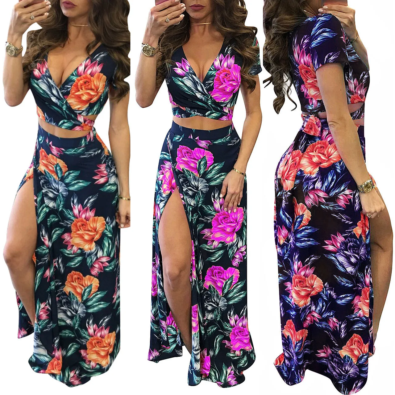 

Donsignet Fashion Summer Print Casual Womens Suits Short Sleeve V-Neck Top Knee-Length Elastic Waist Skirt Women Suit