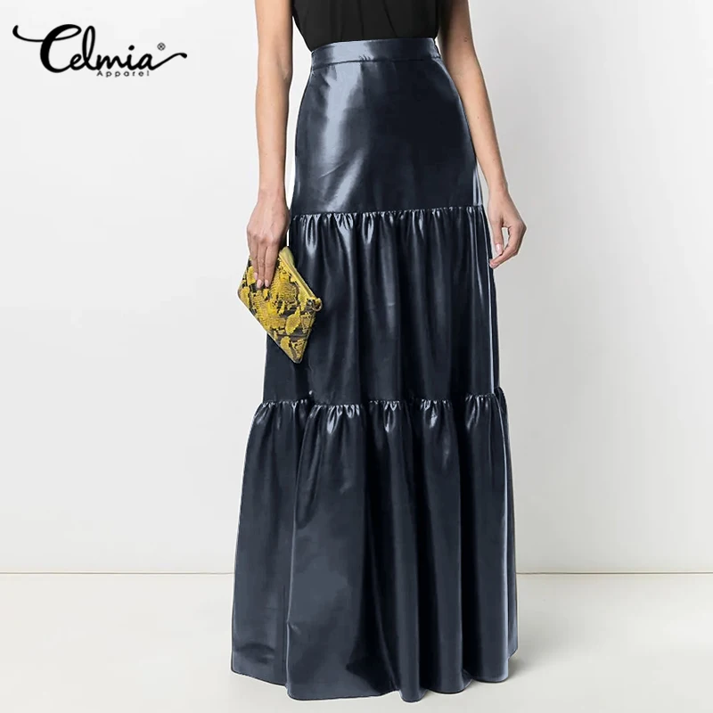 Фото Женские кожаные юбки макси Celmia осень 2022 модная однотонная офисная юбка из