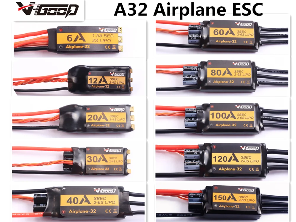 VGOOD бесщеточный ESC 6A /12A/20A/30/40A/60A/80A/100A /120A/150A 2-8S 32-бит с 1 5 A SBEC для неподвижного крыла