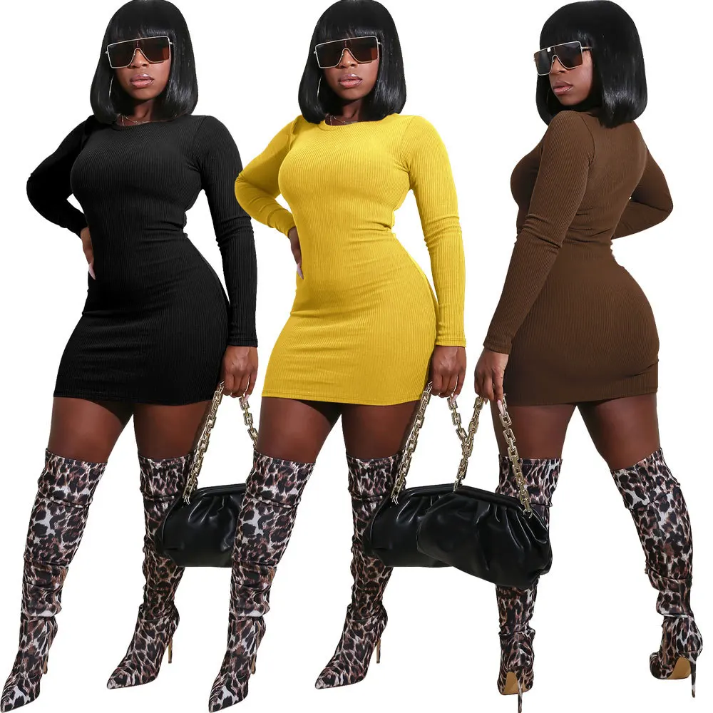 

Elegant Women O-Neck Long Sleeve Knitted Mini Dress Autumn Winter Solid Color Casual Slim Bodycon Party Nigh Club Short Vestidos