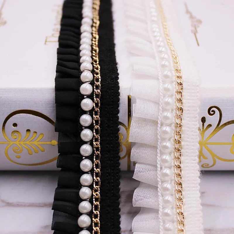 

3 Yards White/black Pearl Beaded Lace Trim Tape Lace Ribbon African Lace Fabric Collar Dress Sewing Garment Materials Headdress