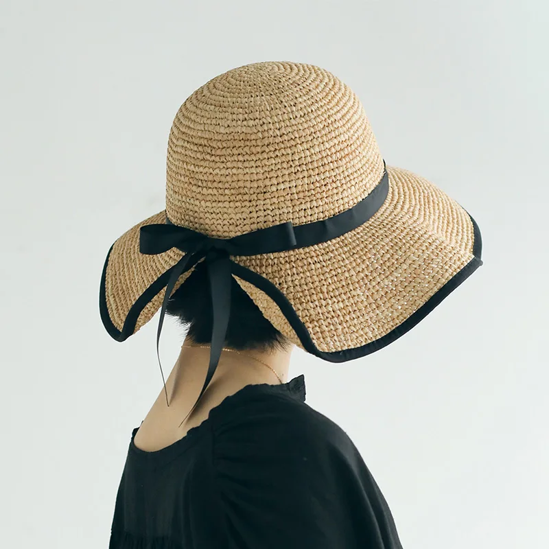 

Fashion Wide Brim Hepburn Style Raffia Hat For Women Summer Sun Hat Black Bow Bucket Hat Foldable Beach Bonnet Enfant Fedora Cap