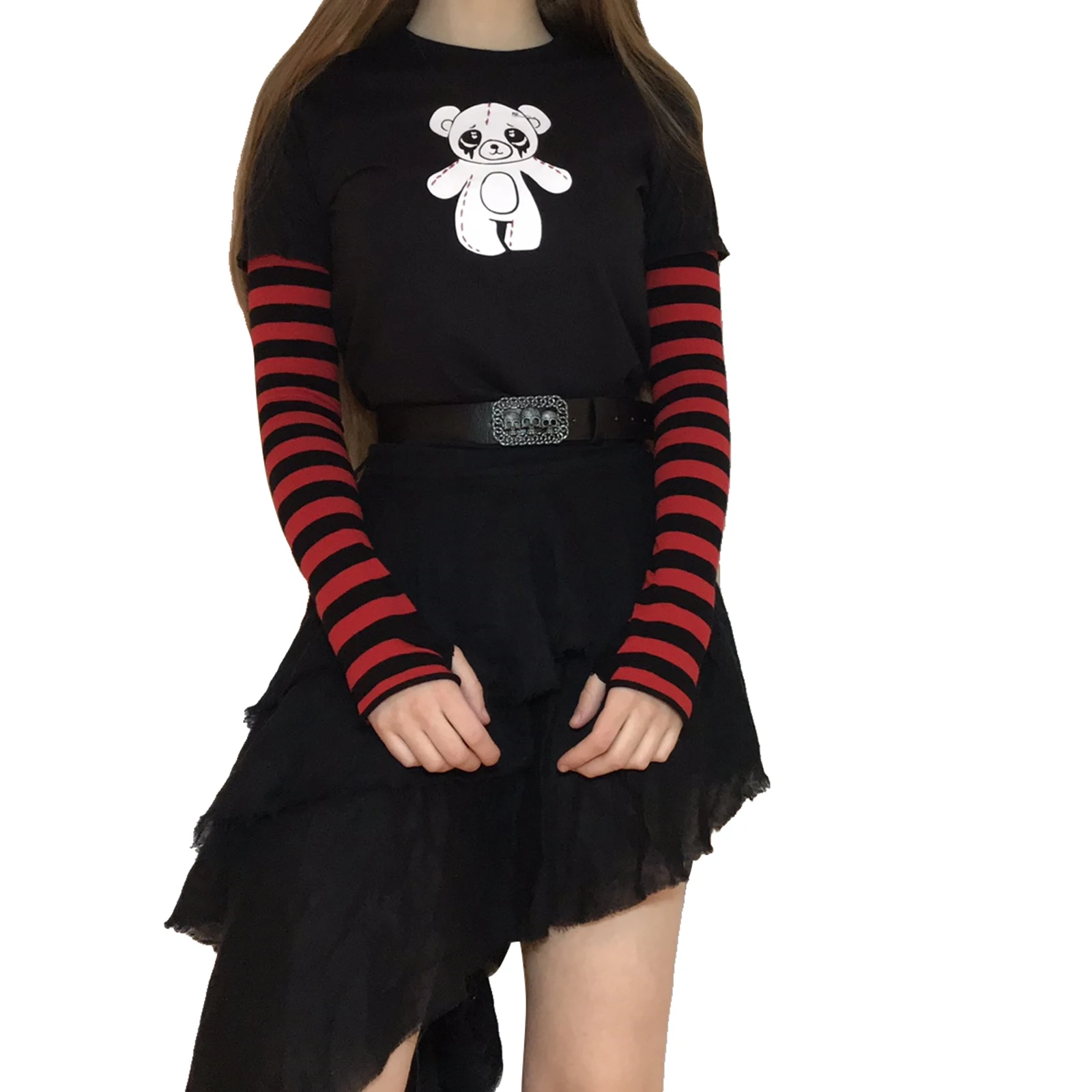 

Women Casual Patchwork T-shirt, Adults Cartoon & Stripe Print Long Sleeve Round Neck Pullover