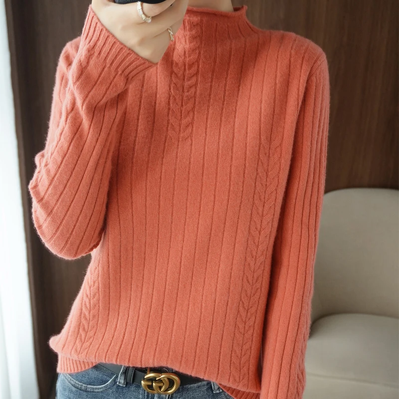 

LJSXLS Autumn Long Sleeve Slim Vintage Women Sweater 2021 Winter Fashion Womens Clothing Half Turtleneck Pink Knitted Pullovers