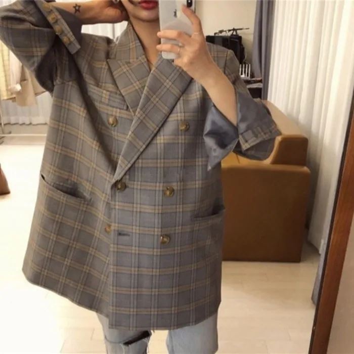 Женский клетчатый Блейзер свободный пиджак средней длины в стиле ретро