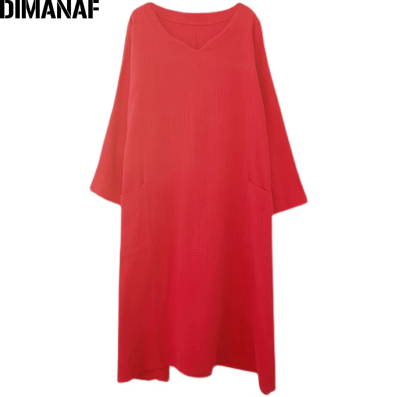 

DIMANAF 2021 Plus Size Women Summer Dress Oversize Long Sleeve Cotton Linen Vintage Elegant Lady Vestidos Loose Pockets Clothing