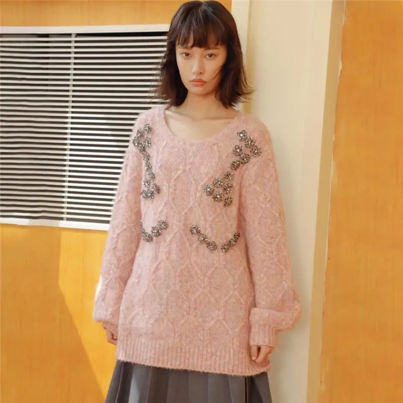 

High Quality Diamond-Studded Diamond Sweater Loose Lazy O-Neck Pullover Long-Sleeved Top Women Oversize Brand Clothes 2021 New