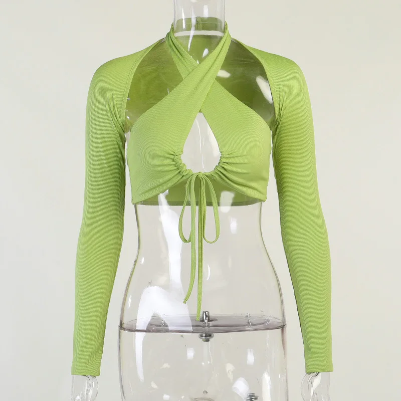 

Giyu Sexy Long Sleeve Rib Knitted T-shirts Women Autumn Fashion Halter Hollow Out Bandage Crop Tops Outfits Backless Female Top