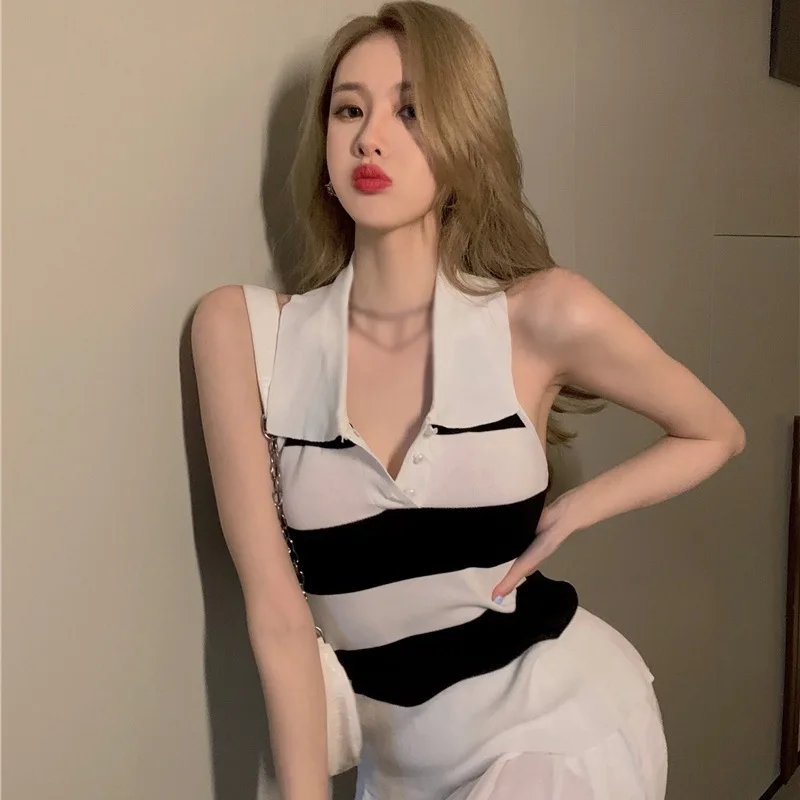 

Women Striped Halter Tank Tops Lapel Slim Shirts Sexy Knitting Sleeveless Camisole