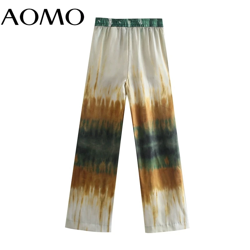 

AOMO Women Tie Dyed Print Long Pants Trousers Vintage Style Strethy Waist Lady Pants Pantalon 5Z183A