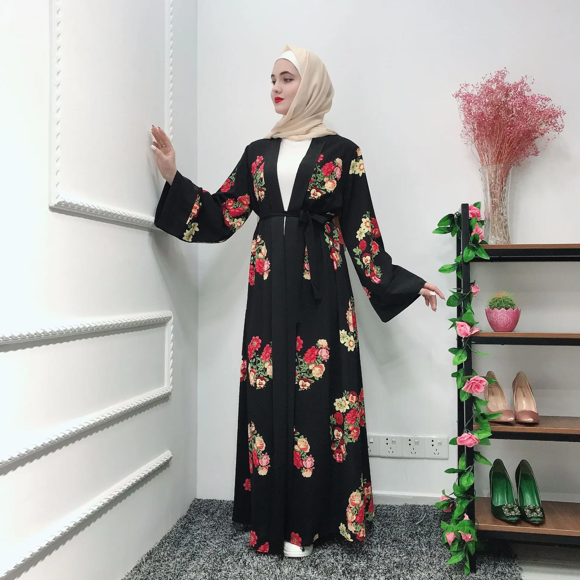2019 мусульманское платье абайя Дубай с принтом халаты кардиган элегантное для