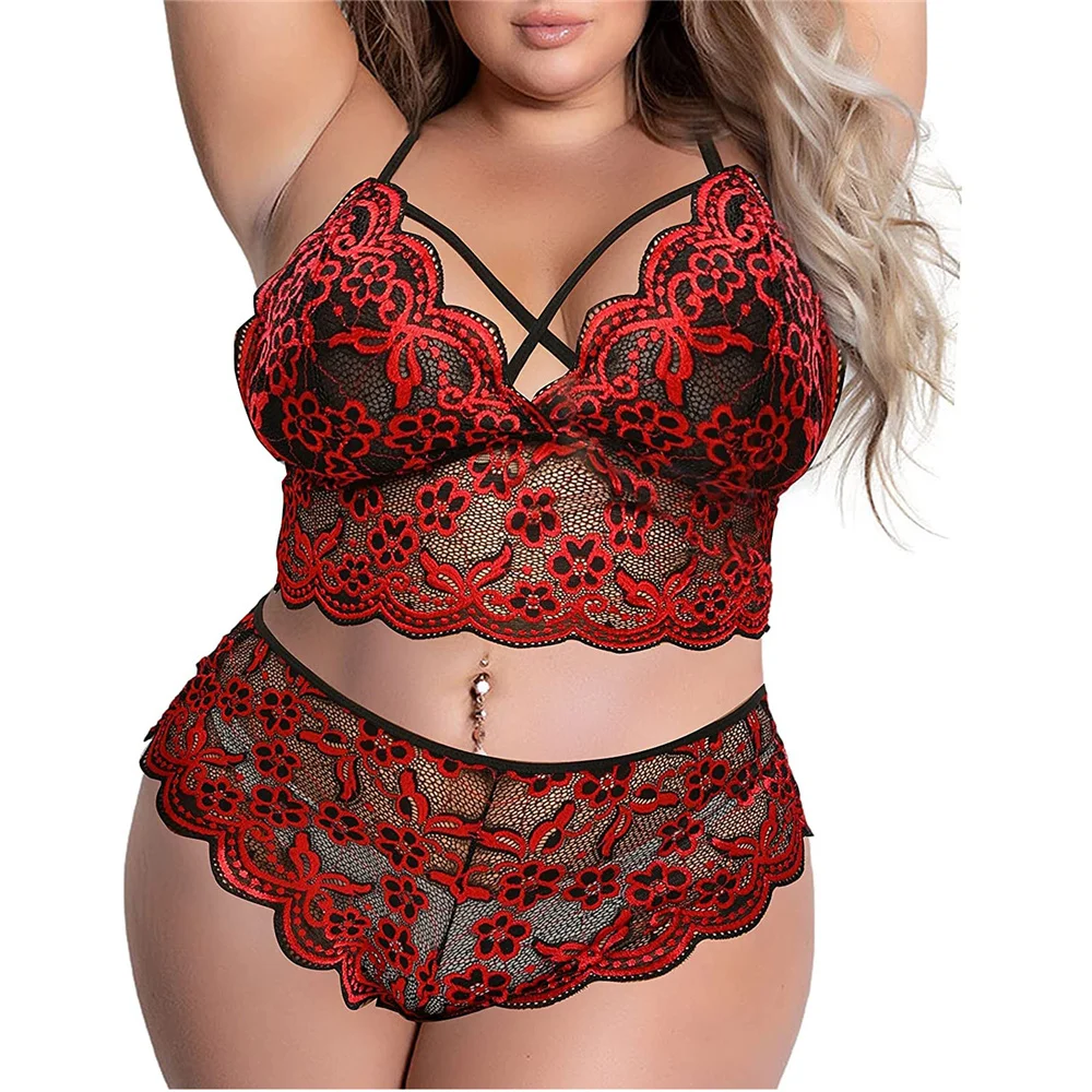 

New Plus Size Bra 2 Pieces Sets Sexy Lingerie Fashion Padded Bra Lace Embroidery Underwear Sleepwear Pajamas Women's Set