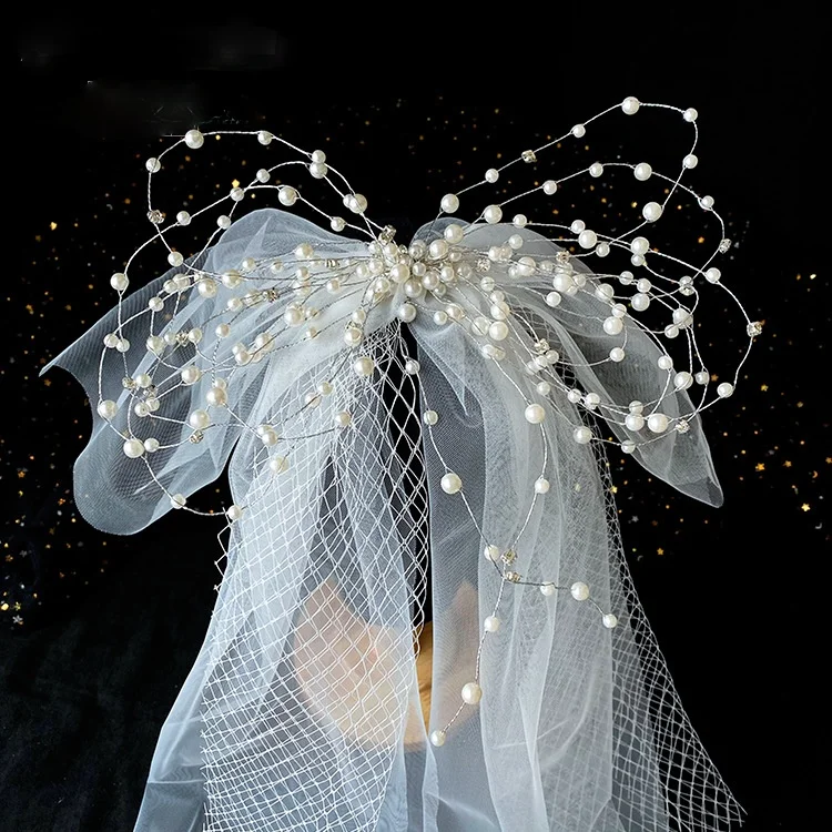 

Fairy Bow Pearl veil barrettes bride hair wear Short Wedding Bridal hair Accessories