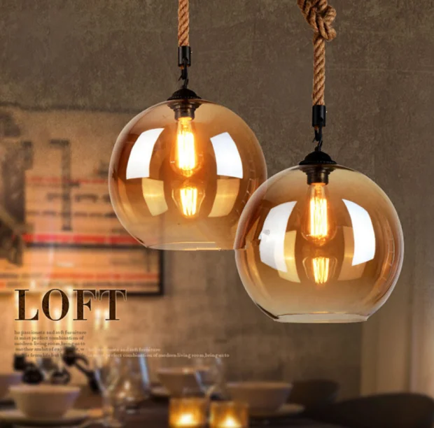 

Loft Industrial Glass Ball Pendant Lights Fixture Retro Vintage Hemp Rope Amber Suspension Hanging Lamp Kitchen Dining Room Deco