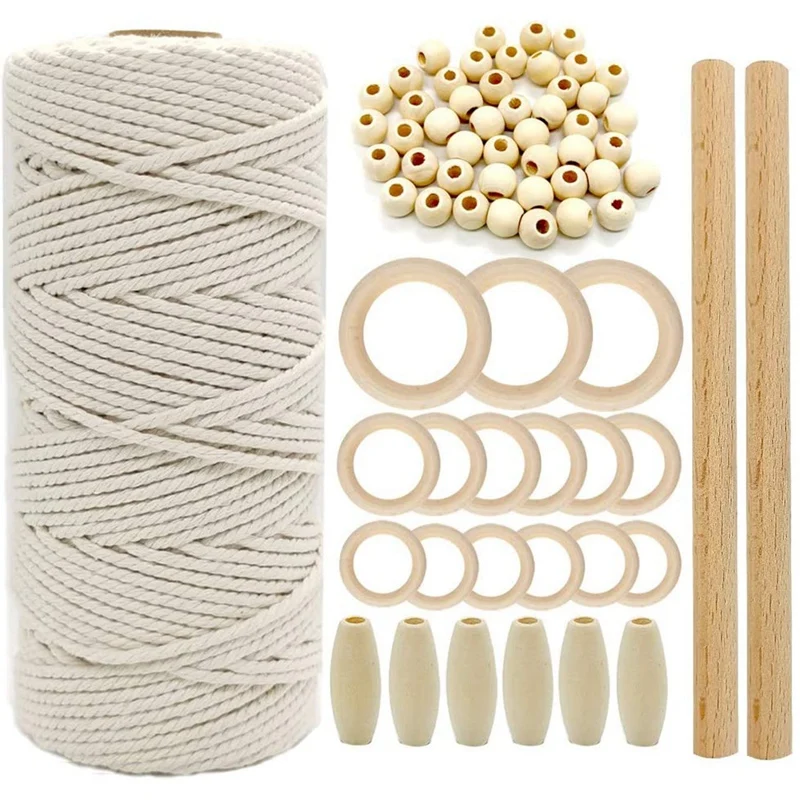 

Macrame Cord Natural Cotton Rope m with Wood Ring Wood Stick for DIY Teether Macrame Kit Wall Hanging Plant Hanger