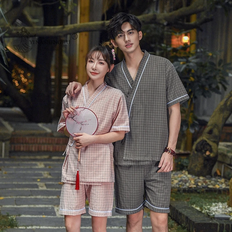 

2PCS Japanese Lover Clothing Set Red Plaid Clothes Kimono Yukata Cotton Steaming Wear Pajamas Man Woman Bathrobe Nightgown Short