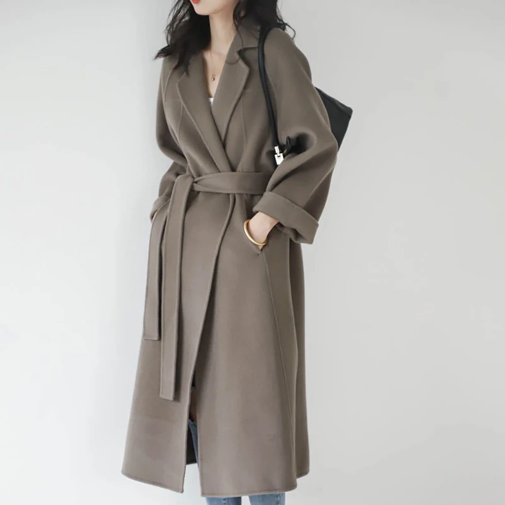 

Women Elegant Wool Long Coat With Belt Solid Color Fashion Ladies Double-Faced Cashmere Coat 2021 Autumn Winter Female Overcoat