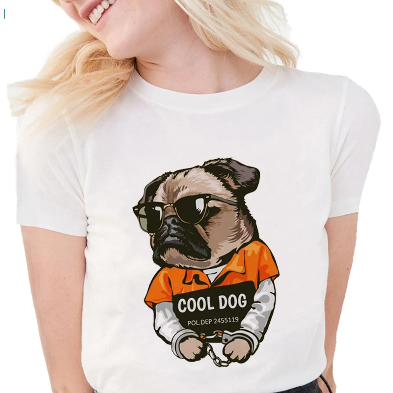 

Harajuku Cartoon Pug Dog T-Shirt Women Summer Funny Cool Dog Print Soft Cotton t shirt Women White Tops