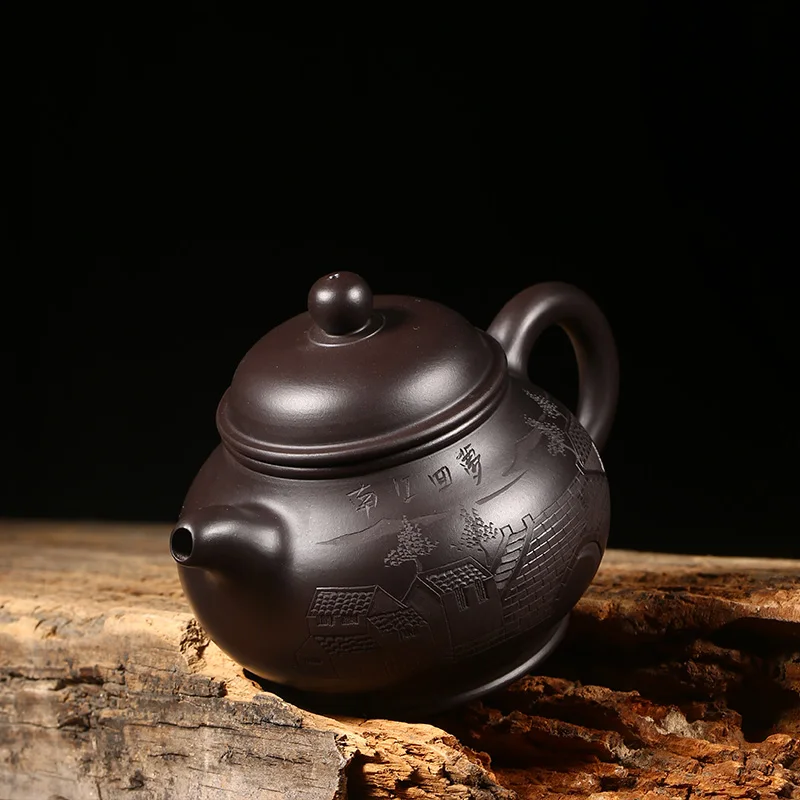 

Yixing authentic raw purple clay teapot master pure handmade tea set home office Kungfu teapot carved pan teapot
