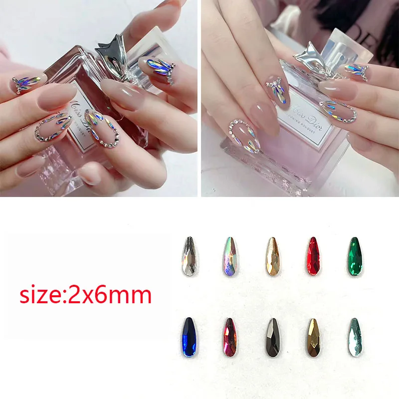

Стразы для дизайна ногтей 2x6 мм, 30 шт., миниатюрные стеклянные кристаллы с плоской задней поверхностью, цветные камни для украшения для ногте...