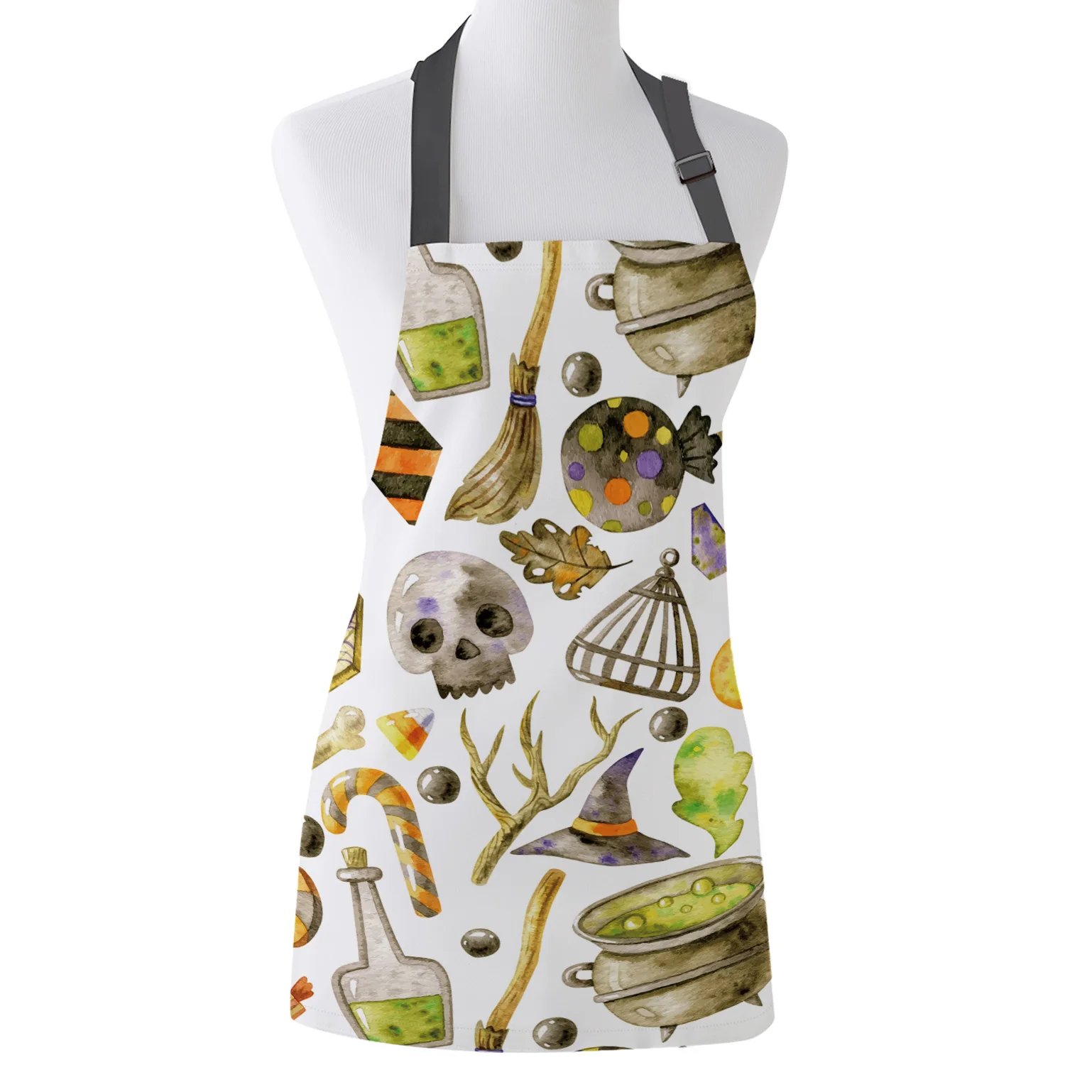 Halloween Theme Witch Hat Broomstick Skull Decorations Pattern Kitchen Apron Women Adult Female Home Cooking Baking Cleaning Aprons Bibs Tools |