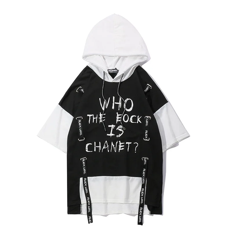 

Hip Hop Hooded T-Shirt Men 2021 Summer Streetwear Color Block Patchwork Ribbon Tshirts Harajuku T Shirt Coat Tees Tops WQ389