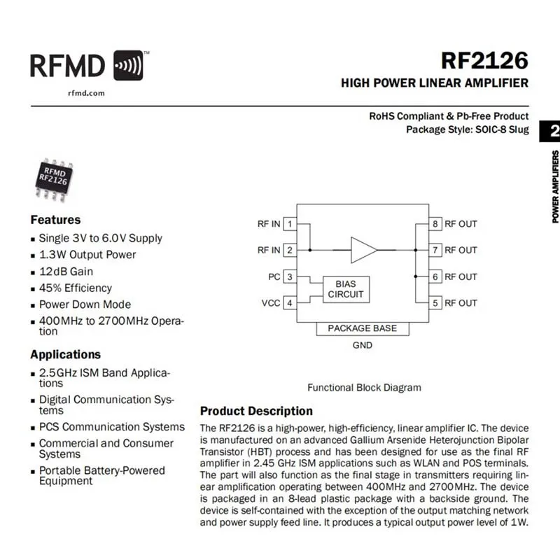 Широкополосный Радиочастотный усилитель мощности RF2126 400 МГц 2700 2 4 ГГц 1 Вт для