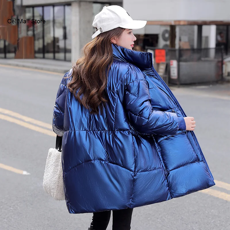 

Long Shiny Parkas Female Winter Stand Collar Casual Women's Jacket Oversized Solid Loose Glossy Cotton Padded Thick Woman Coats