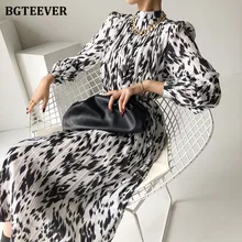 BGTEEVER 2021 Spring New Stand Collar Women Full Sleeve Dress Elegant Hit Color Female Lace-up Printed Midi Dress Vestidos