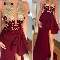 burgundy muslim evening dress gold sequin lace bead slit illusion sexy islamic dubai kaftan saudi arabic evening gown prom dress