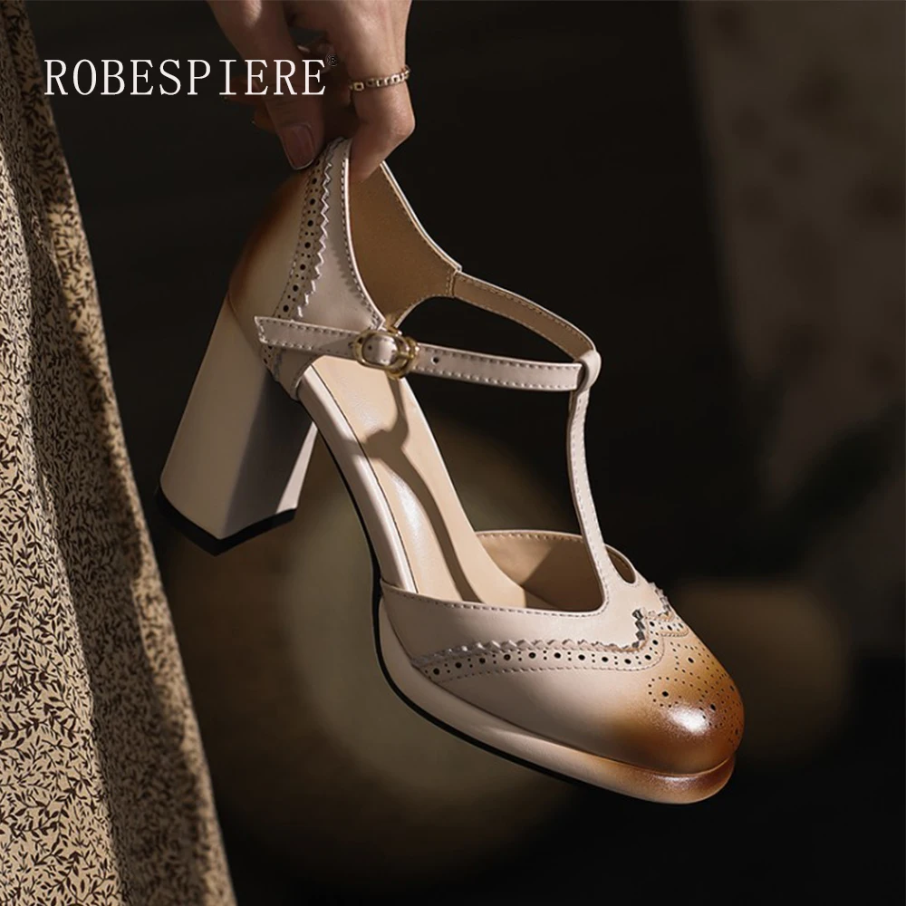 

ROBESPIERE-Spring and summer 2021 New Shallow Mouth Thick Heel Water Table British Retro Leather Hollow Pump Sexy Baotou Sandals