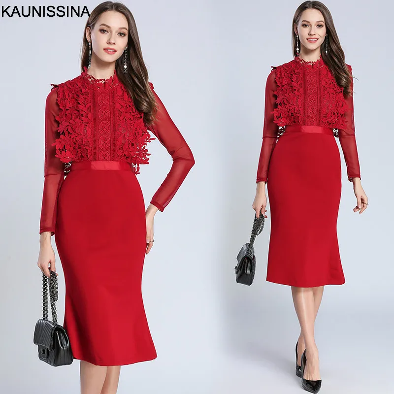 

KAUNISSINA High Quality New Design Cocktail Dress Red Women Long Sleeve Lace Patchwork Mermaid Party Dresses Knee Length Gown