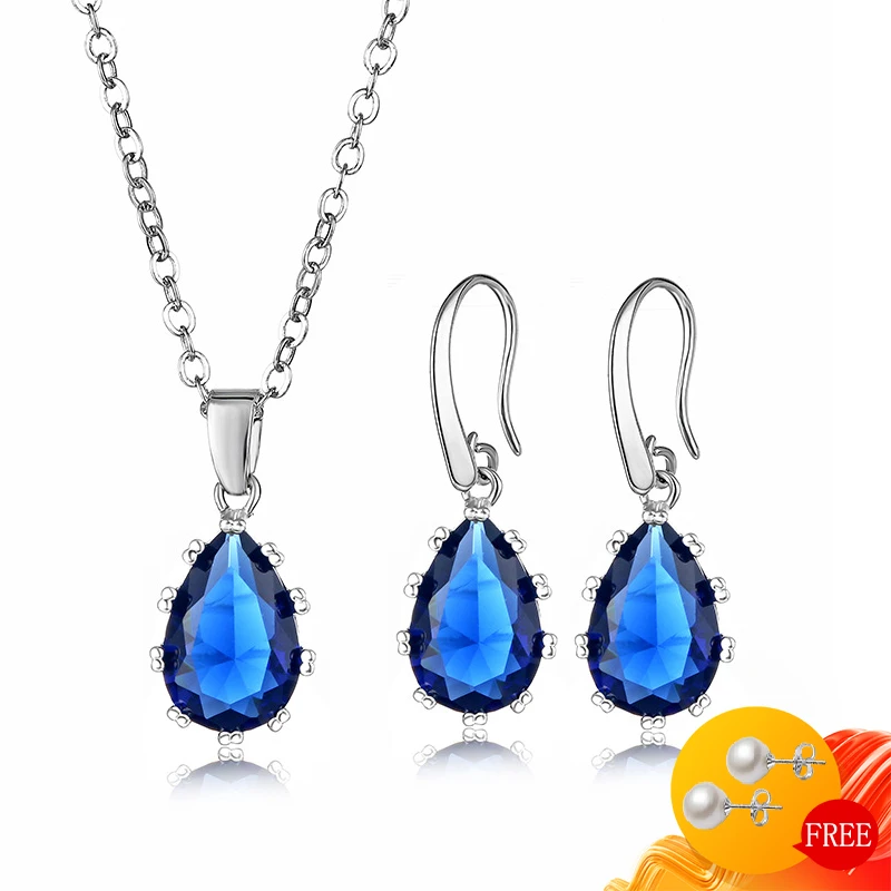 

925 Silver Jewelry Set Necklace Earrings Water Drop Shape Sapphire Gemstone Pendant Drop Earring for Women Wedding Engagement