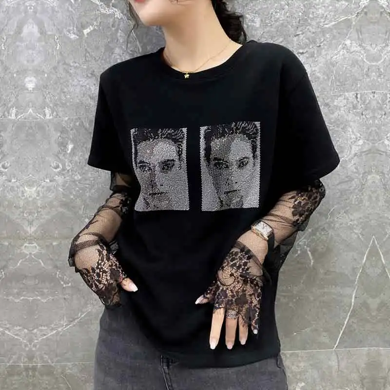 Летняя женская футболка из хлопка с кружевом и длинным рукавом