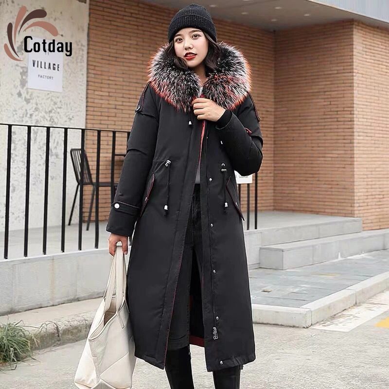 

Cotday Cotton Long Liner Detachable Lamb Hair With Hooded Vintage Big Black 2020 Promotion Women's Winter Warm Parker Coats