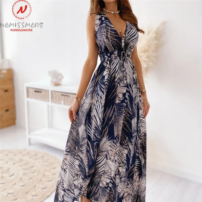 

Sexy Women Summer Print A-Line Dress Patchwork Design Bandage Decor V-Neck Sleeveless Backless Mid Waist Slim Long Dress