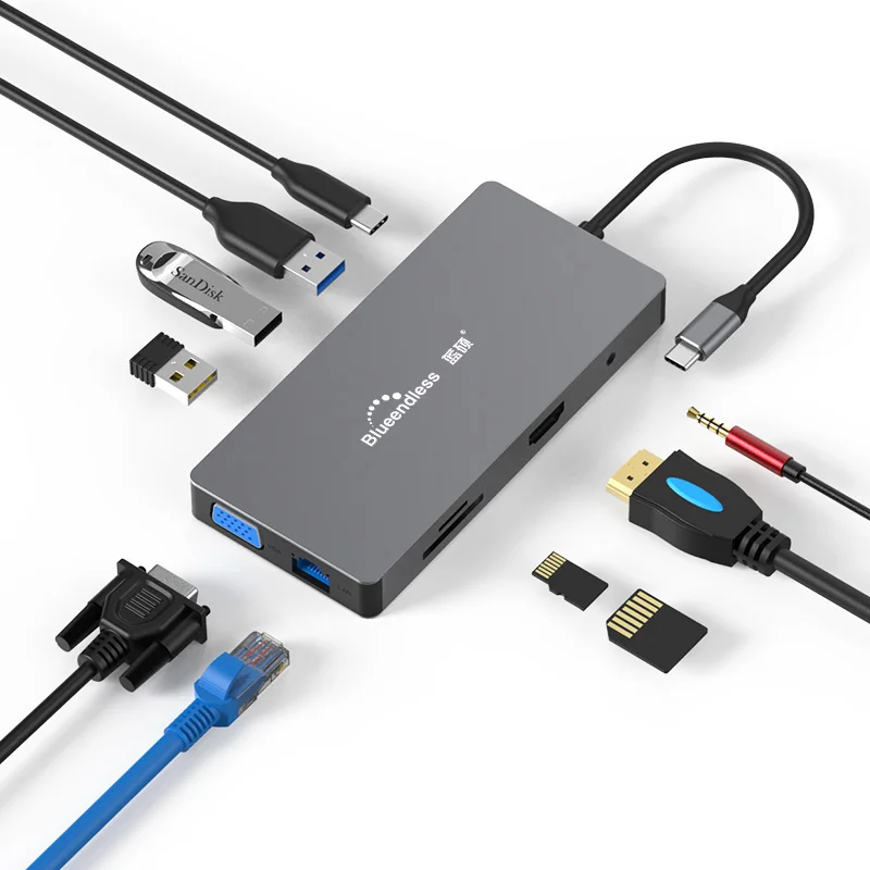 9 в 1 type C USB C док-станция для ноутбука USB 3,0 HDMI RJ45 Gigabit PD Fealushon для MacBook samsung type C док-станция usb-хаб