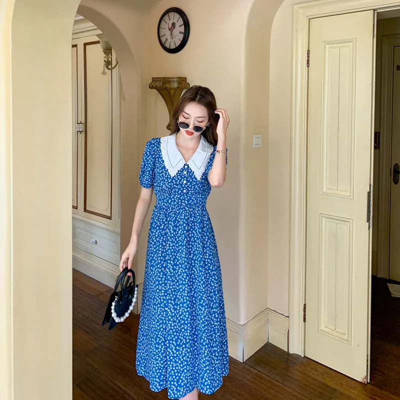 

COIGARSAM French Style Floral Print Women dress New Chiffon Peter pan Collar High Waist Dresses Blue 7875