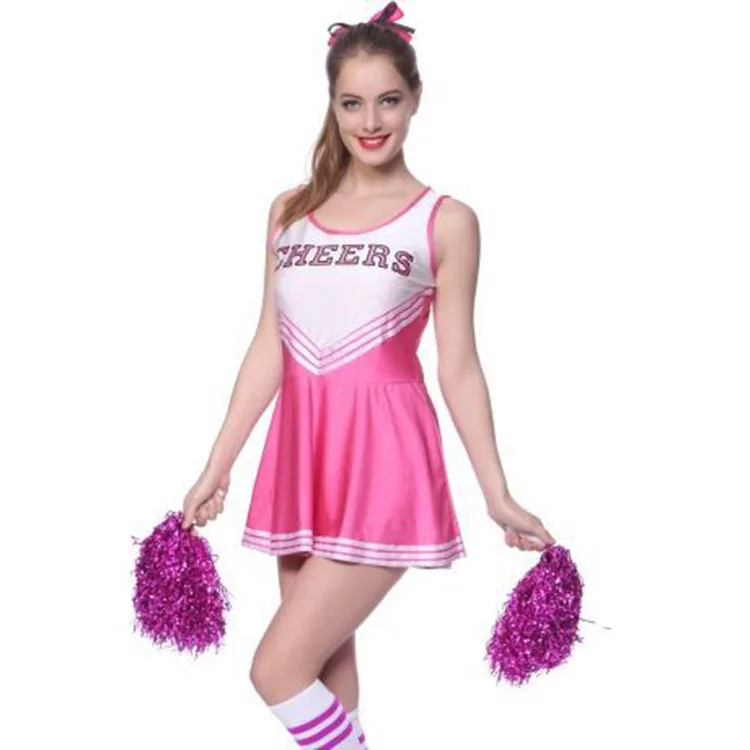 

Women Girls Red & White Blue Cheerleader Uniform Costume Cheerleading Outfit + Poms Cheer Uniform Dress High School Team wear