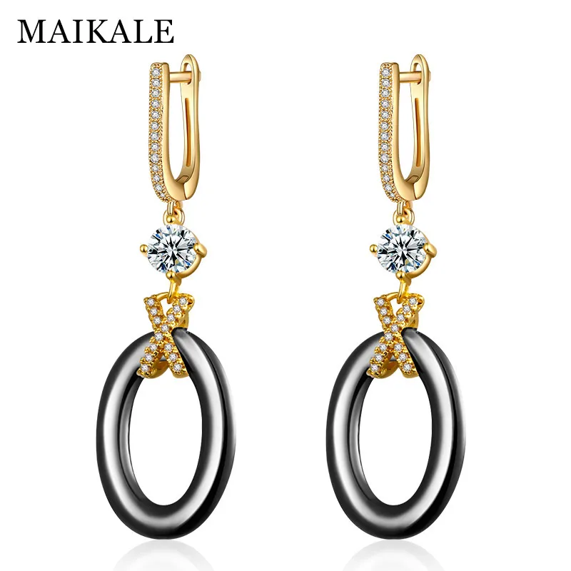MAIKALE, новые модные керамические висячие серьги, круглая форма х, медь AAA, фианит, черное белое золото; серебро; Сережки для женщин