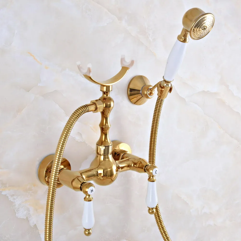 

Современный золотистый латунный настенный смеситель для душа в ванную комнату, набор с шлангом 1500 мм, Ручной смеситель с распылителем Dna924