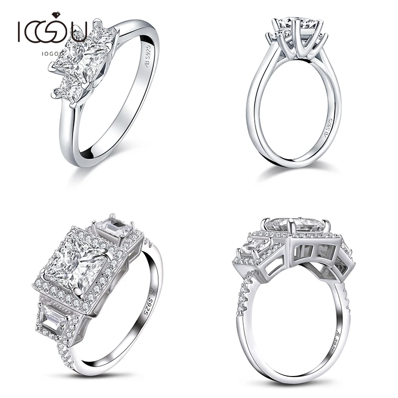 

IOGOU Luxury Princess Cut 3-Stone 925 Sterling Silver Engagement Wedding Ring For Women Vintage Sona Simulated Diamond 925 Ring