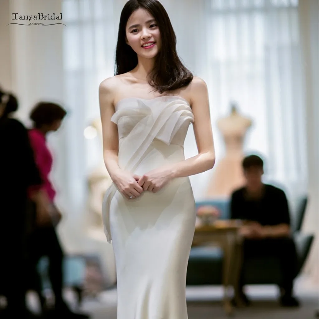 

Элегантное Атласное Свадебное Платье-русалка, богемное, простое, длинное, винтажное, без бретелек, Пляжное, свадебное платье SWD006