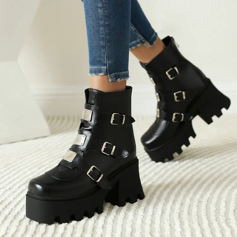 

Ботильоны женские на платформе с квадратным носком, модные полусапожки на массивном высоком каблуке, на молнии, с пряжкой, черные, Осень-зим...