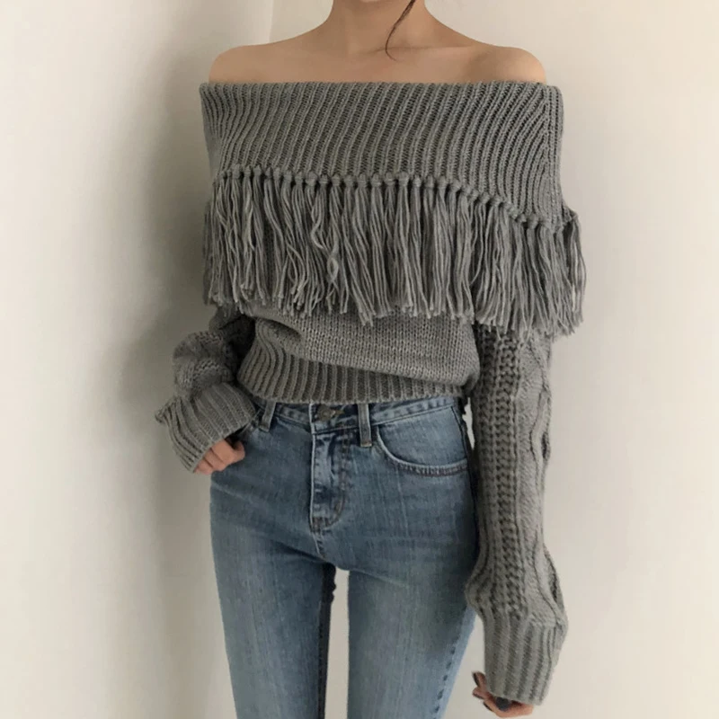 

ONALIPPA Sweater Woman Korean Ins Retro Slash Neck Strapless Tassel Design Slim Diamond Long-sleeved Knitted Pullover Female