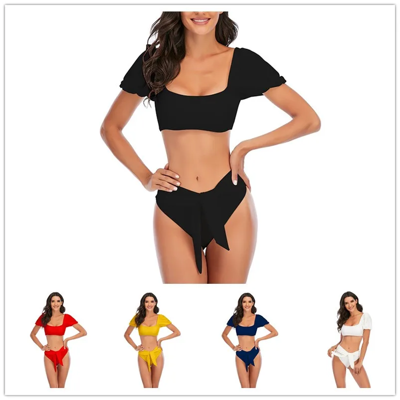 

Sexy Bikini 2021 Solid Color Swimwear Women Bandeau Swimsuit Short Sleeve Summer High Waist Cut Backless Bathing Suit Beachwear
