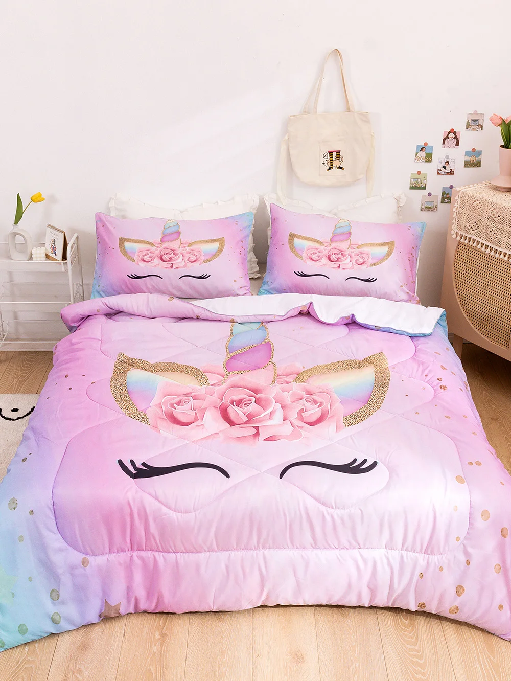 

Розовый Единорог одеяло набор для девочек Твин одеяло Постельное белье для детей ткань из микроволокна для подростков Стёганое одеяло с на...